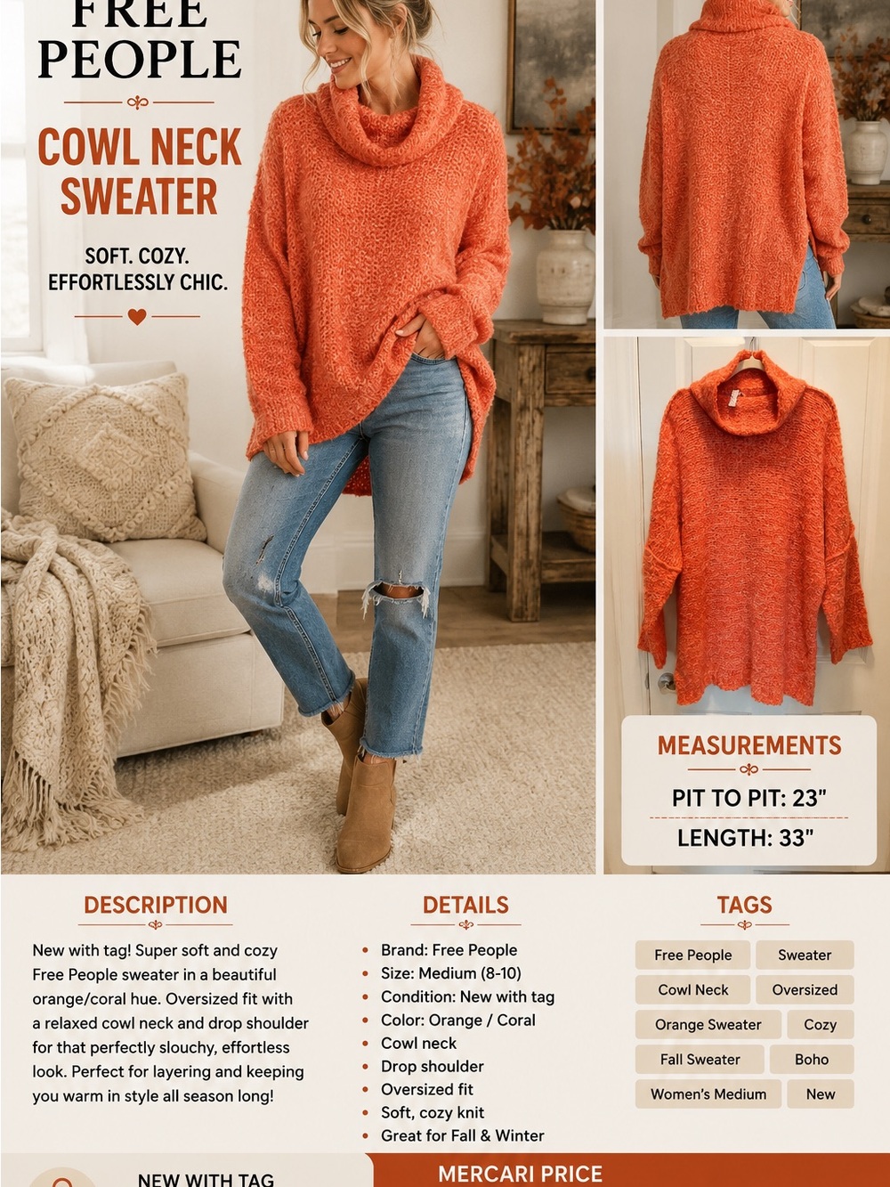 Free People Orange Coral Oversized Cowl Neck Sweater Women’s M NWT